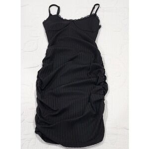 SHEIN Black Ribbed Ruched Bodycon Dress Lace Trim Spaghetti Strap Womens XS 2